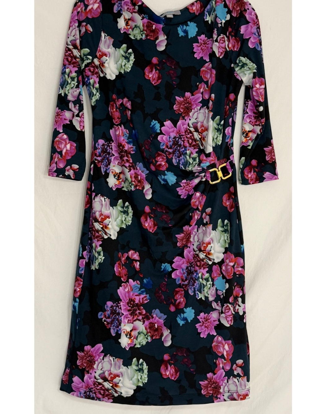 NY Collection Navy Floral Long Sleeve Sheath Dress with Pink Accents